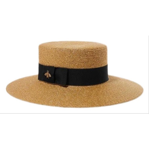 GUCCI Papier lame bee embellished grosgrain metallic straw hat large - Picture 1 of 6